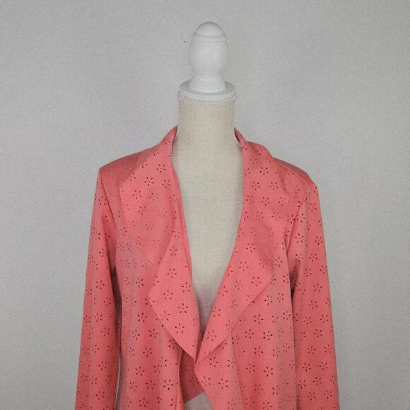 New Cupio Peach Solid Ruffle Scuba Floral Eyelet Open Front Blazer Jacket Large - Picture 6 of 15